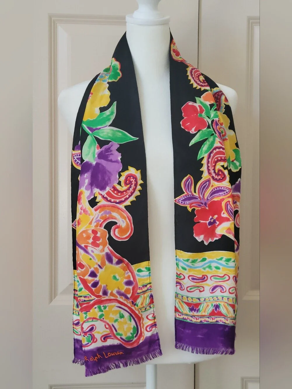 Ralph Lauren Black Scarf with Purple, Yellow, Green & Red Floral Print